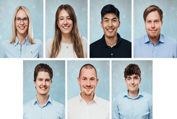 [Translate to English:] Porträtfotos von sieben Mitarbeitern von Battery-Kutter