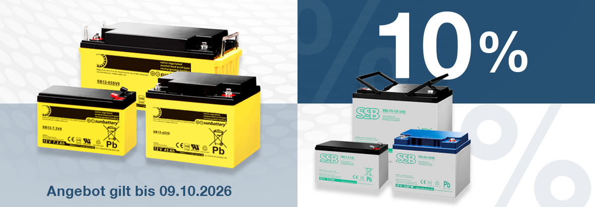 Batteries, as well as 10% on a blue and white background.