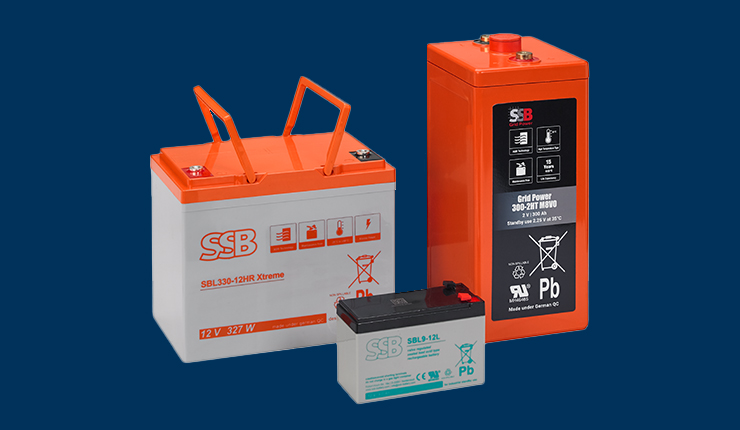 Three batteries from different series of the SSB Battery brand
