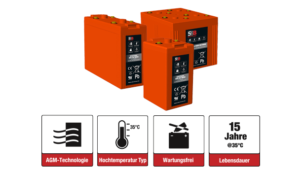4 Batterien der Grid Power Serie von SSB Battery mit Icons und Erklärungen darunter