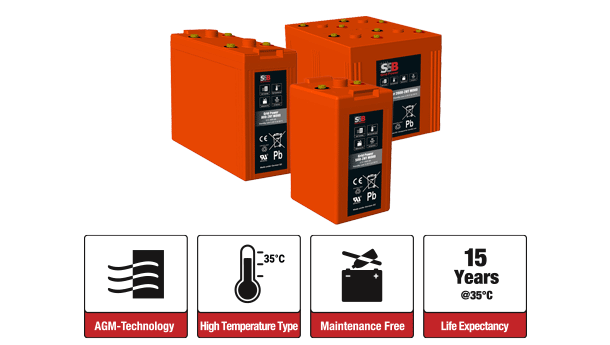 4 batteries from the Grid Power series by SSB Battery with icons and explanations below
