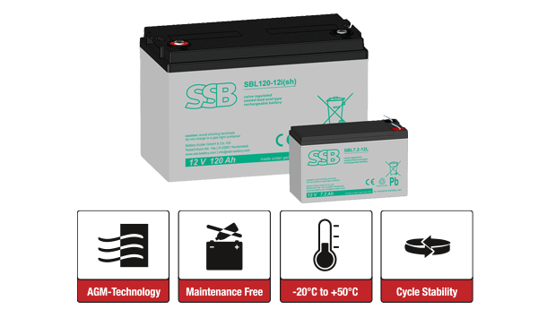 2 batteries from the SB/SBL series by SSB Battery with icons and explanations below