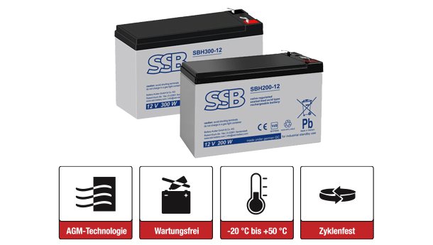 2 Batterien der SBH Serie von SSB Battery mit Icons und Erklärungen darunter