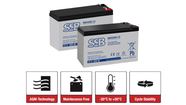 2 batteries from the SBH series by SSB Battery with icons and explanations below