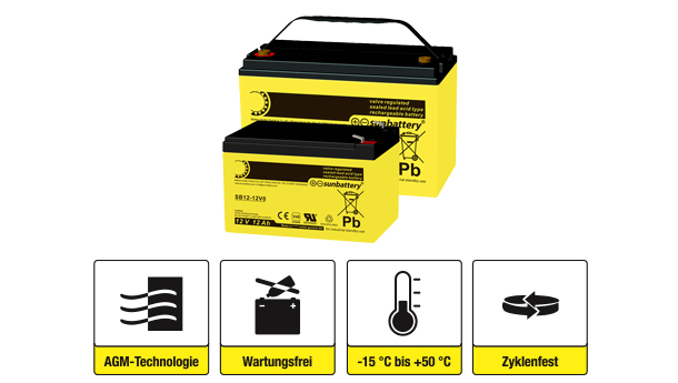 2 Batterien der Standard 12 V Serie von SUN Battery mit Icons und Erklärungen darunter